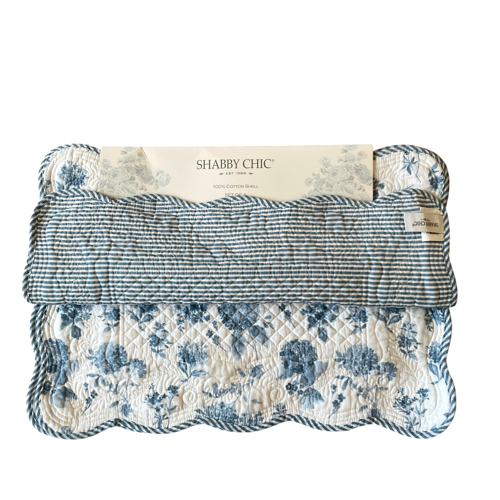 Shabby Chic Placemats Blue Hydrangea Reverse Stripes 13x19 Set of 4 Cotton NEW - Picture 5 of 15